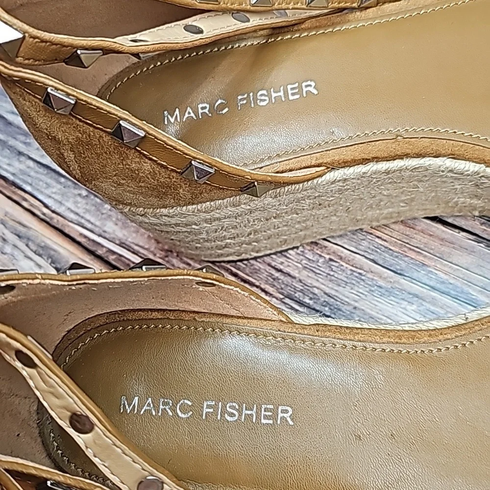 MARC FISHER JAZLYN BROWN SUEDE STUDED WEDGE ESPADRILLES